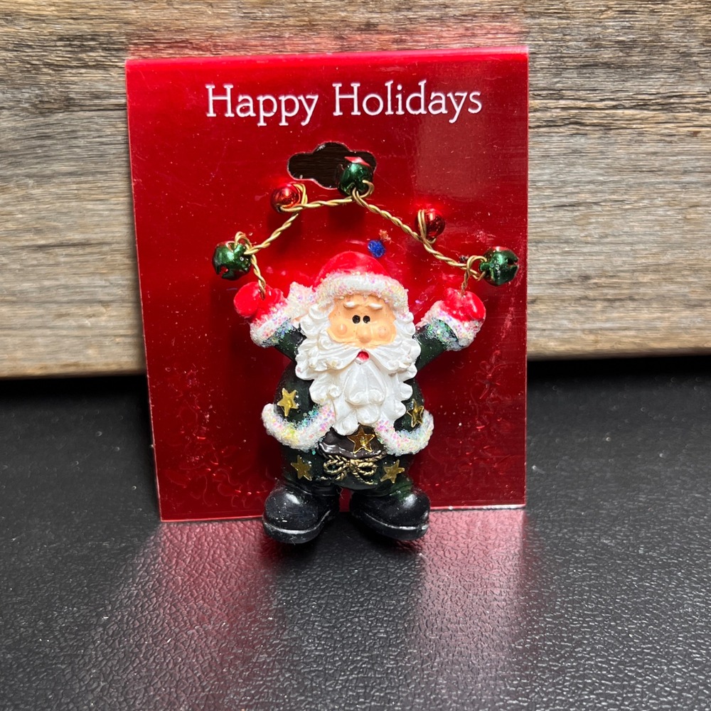 Vintage Santa Claus Holiday Pin Green Suit Jingle Bells Christmas Brooch NIP